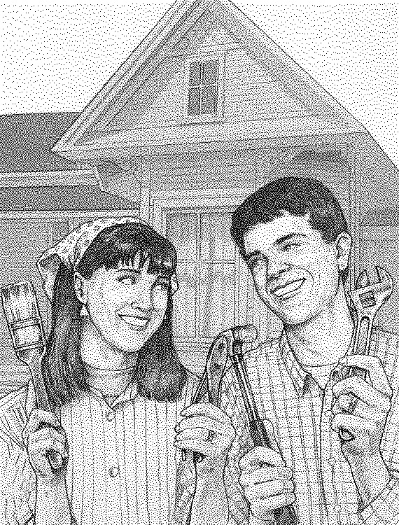 drawing of smiling man and woman holding tools in front of house