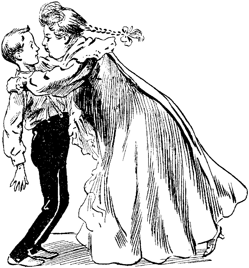 cartoon of girl in long dress trying to kiss a boy in black pants with suspenders