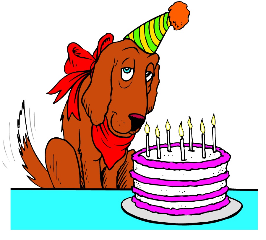 Cartoon of dog with party hat and birthday cake