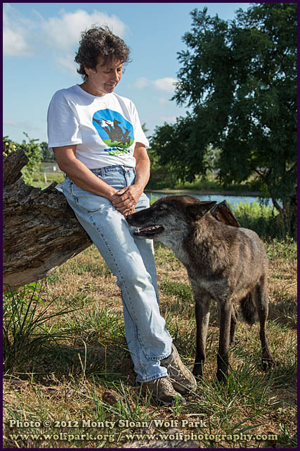 woman standing with wolf