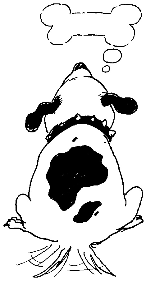 cartoon of dog thinking about a bone